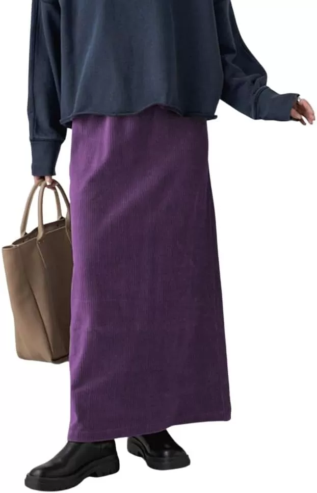 imagechouyatou Womens Cute Corduroy Midi Long Skirt High Elastic Waist Back Slit Vintage Maxi SkirtPurple