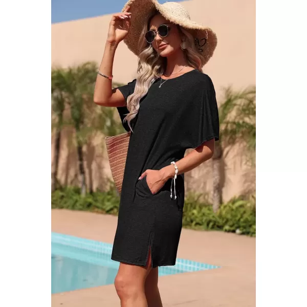 imageMOLERANI Womens Summer Short Sleeve TShirt Dress Casual Loose Slit Beach Mini Tunic Dress with Pockets01 Black