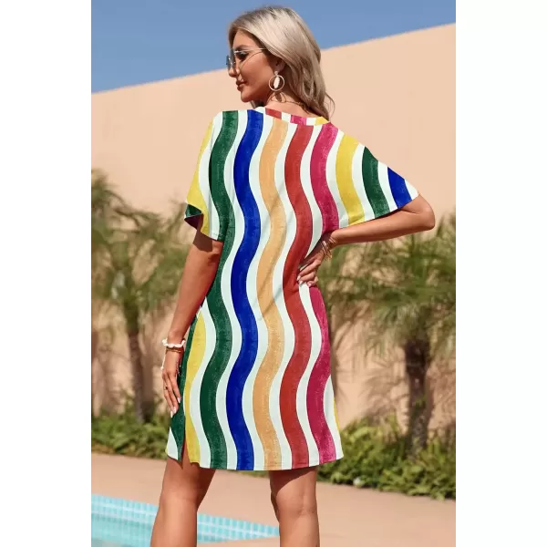 imageMOLERANI Womens Summer Short Sleeve TShirt Dress Casual Loose Slit Beach Mini Tunic Dress with Pockets02 Curved Rainbow Strip
