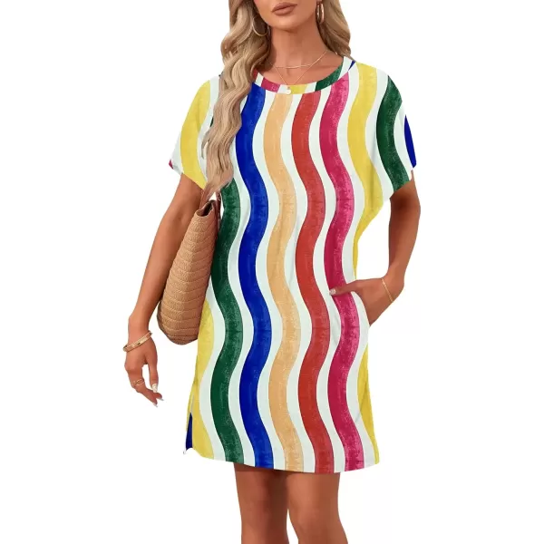 imageMOLERANI Womens Summer Short Sleeve TShirt Dress Casual Loose Slit Beach Mini Tunic Dress with Pockets02 Curved Rainbow Strip