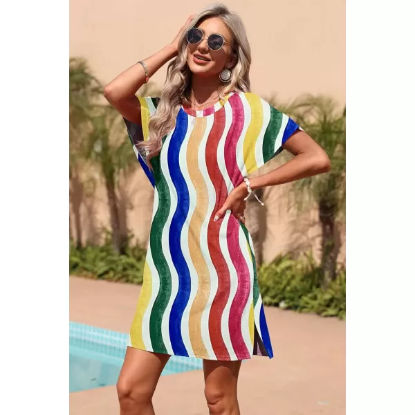 imageMOLERANI Womens Summer Short Sleeve TShirt Dress Casual Loose Slit Beach Mini Tunic Dress with Pockets02 Curved Rainbow Strip