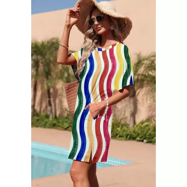 imageMOLERANI Womens Summer Short Sleeve TShirt Dress Casual Loose Slit Beach Mini Tunic Dress with Pockets02 Curved Rainbow Strip