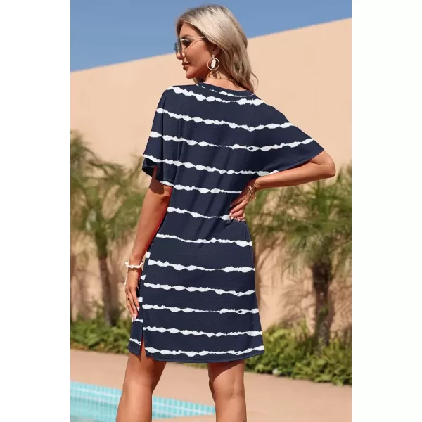 imageMOLERANI Womens Summer Short Sleeve TShirt Dress Casual Loose Slit Beach Mini Tunic Dress with Pockets02 Navy Wavy Striped