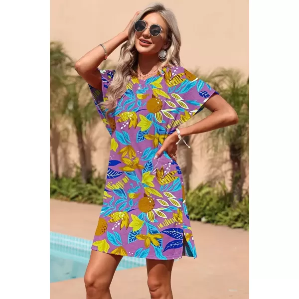 imageMOLERANI Womens Summer Short Sleeve TShirt Dress Casual Loose Slit Beach Mini Tunic Dress with Pockets02 Pink Fruit