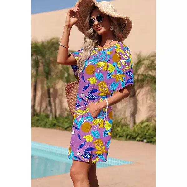 imageMOLERANI Womens Summer Short Sleeve TShirt Dress Casual Loose Slit Beach Mini Tunic Dress with Pockets02 Pink Fruit