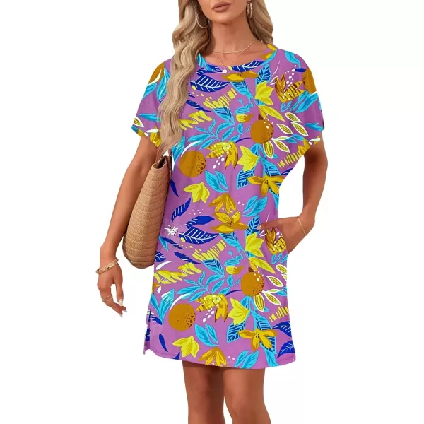 imageMOLERANI Womens Summer Short Sleeve TShirt Dress Casual Loose Slit Beach Mini Tunic Dress with Pockets02 Pink Fruit