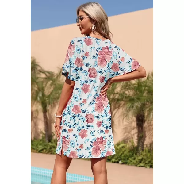 imageMOLERANI Womens Summer Short Sleeve TShirt Dress Casual Loose Slit Beach Mini Tunic Dress with Pockets02 White Red Flowers