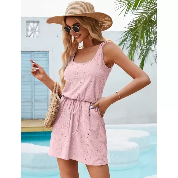 imageMOLERANI Womens Swimsuit Coverup 2024 Hollow Out Bathing Suit Cover Up Sleeveless Summer Beach Dress with PocketsPink