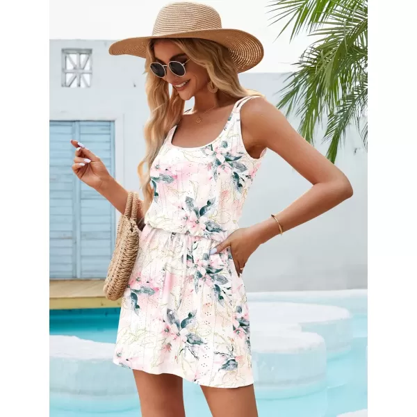 imageMOLERANI Womens Swimsuit Coverup 2024 Hollow Out Bathing Suit Cover Up Sleeveless Summer Beach Dress with PocketsWhite Pink Floral