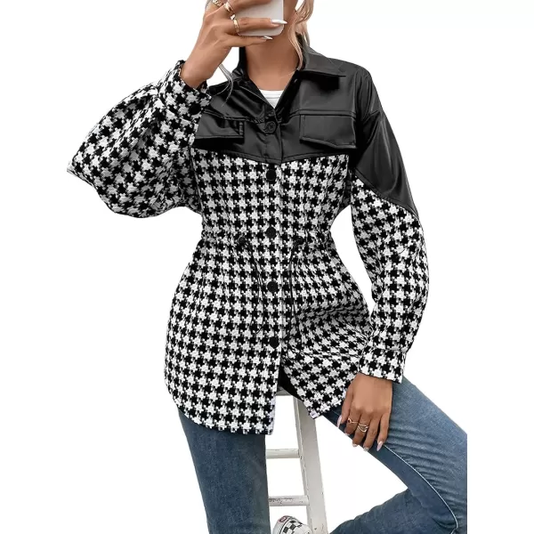 imagechouyatou Women Tweed Long Sleeve Button Down Splicing PU Shirt Jacket Faux Leather Shacket Trench CoatBlack