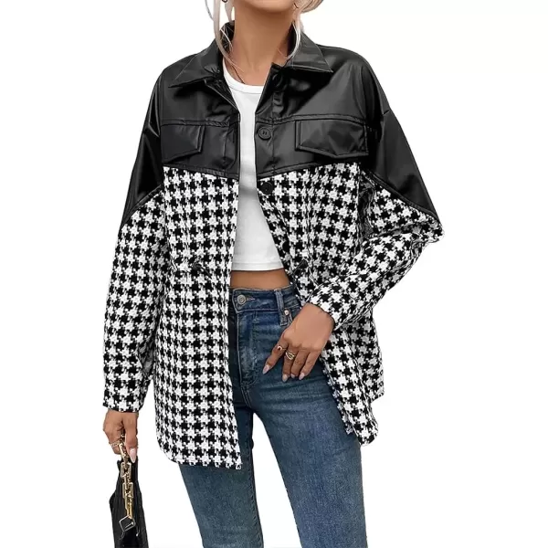 imagechouyatou Women Tweed Long Sleeve Button Down Splicing PU Shirt Jacket Faux Leather Shacket Trench CoatBlack
