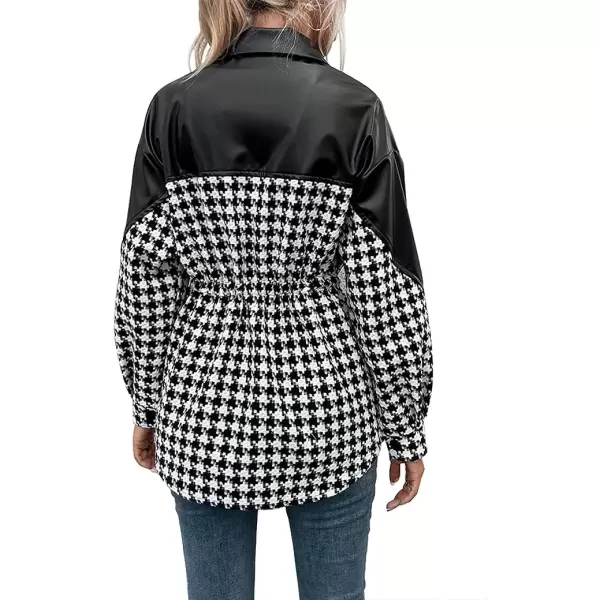 imagechouyatou Women Tweed Long Sleeve Button Down Splicing PU Shirt Jacket Faux Leather Shacket Trench CoatBlack