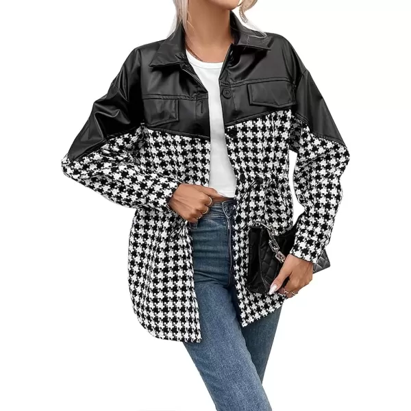 imagechouyatou Women Tweed Long Sleeve Button Down Splicing PU Shirt Jacket Faux Leather Shacket Trench CoatBlack