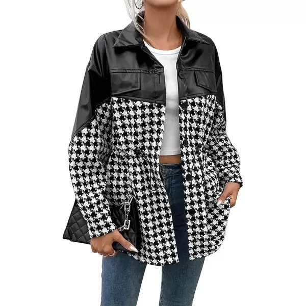 imagechouyatou Women Tweed Long Sleeve Button Down Splicing PU Shirt Jacket Faux Leather Shacket Trench CoatBlack