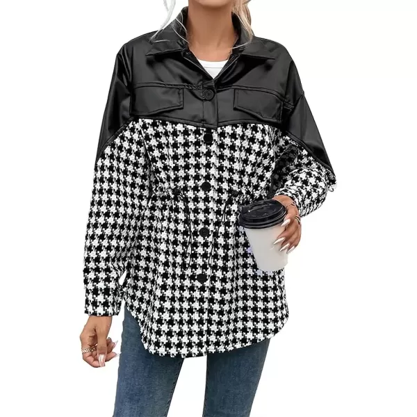 imagechouyatou Women Tweed Long Sleeve Button Down Splicing PU Shirt Jacket Faux Leather Shacket Trench CoatBlack