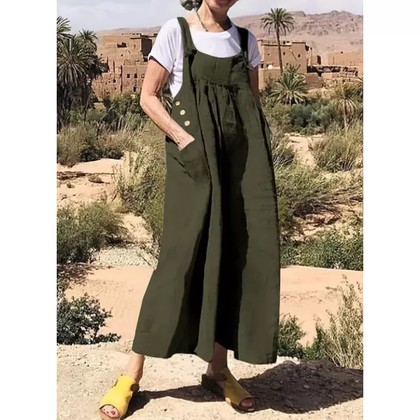 imagechouyatou Womens Baggy Wide Leg Linen Overalls Loose Dressy Casual Jumpsuits Romper Palazzo PantsArmy Green