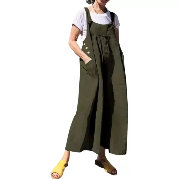 imagechouyatou Womens Baggy Wide Leg Linen Overalls Loose Dressy Casual Jumpsuits Romper Palazzo PantsArmy Green