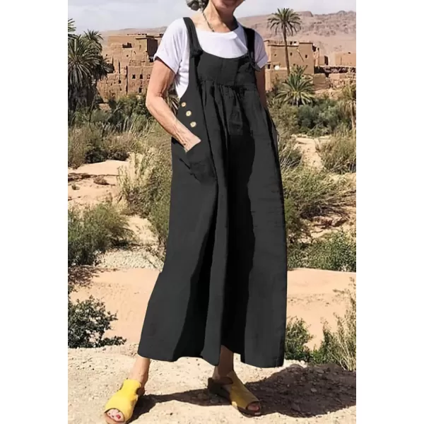 imagechouyatou Womens Baggy Wide Leg Linen Overalls Loose Dressy Casual Jumpsuits Romper Palazzo PantsBlack