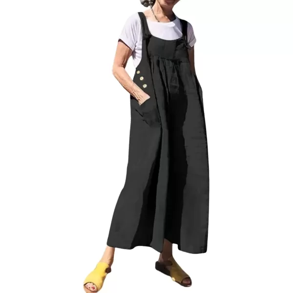 imagechouyatou Womens Baggy Wide Leg Linen Overalls Loose Dressy Casual Jumpsuits Romper Palazzo PantsBlack