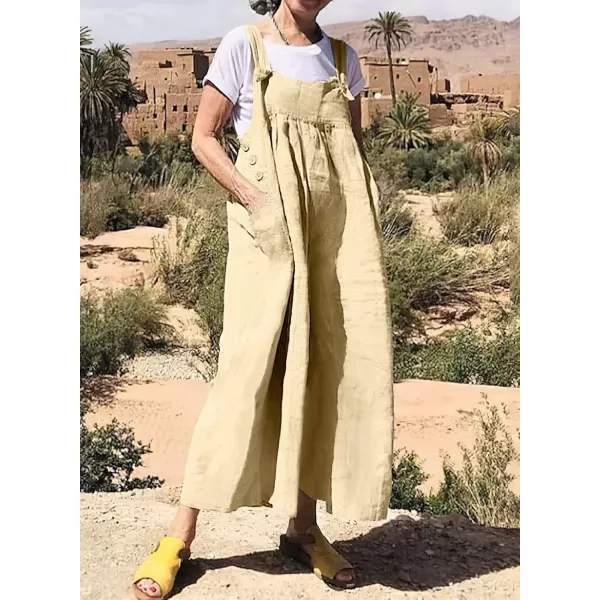 imagechouyatou Womens Baggy Wide Leg Linen Overalls Loose Dressy Casual Jumpsuits Romper Palazzo PantsKhaki
