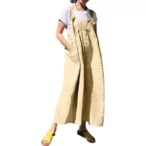 imagechouyatou Womens Baggy Wide Leg Linen Overalls Loose Dressy Casual Jumpsuits Romper Palazzo PantsKhaki