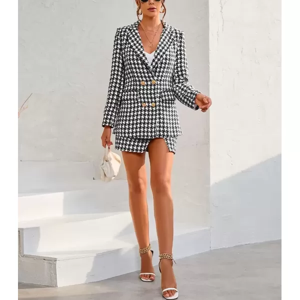imagechouyatou Womens Business 2 Piece Outfits Houndstooth Tweed Blazer Jacket and Mini Skirt SetBlack
