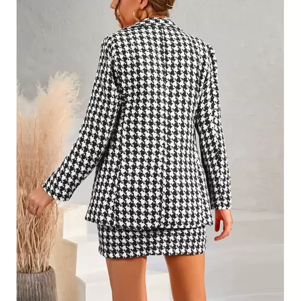 imagechouyatou Womens Business 2 Piece Outfits Houndstooth Tweed Blazer Jacket and Mini Skirt SetBlack