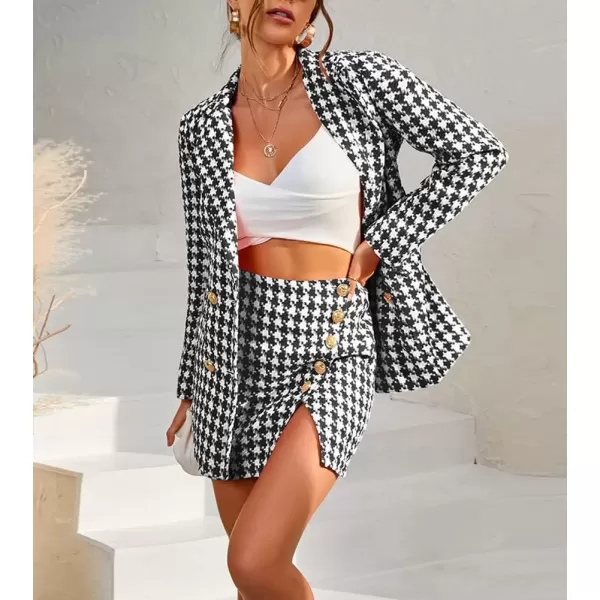 imagechouyatou Womens Business 2 Piece Outfits Houndstooth Tweed Blazer Jacket and Mini Skirt SetBlack