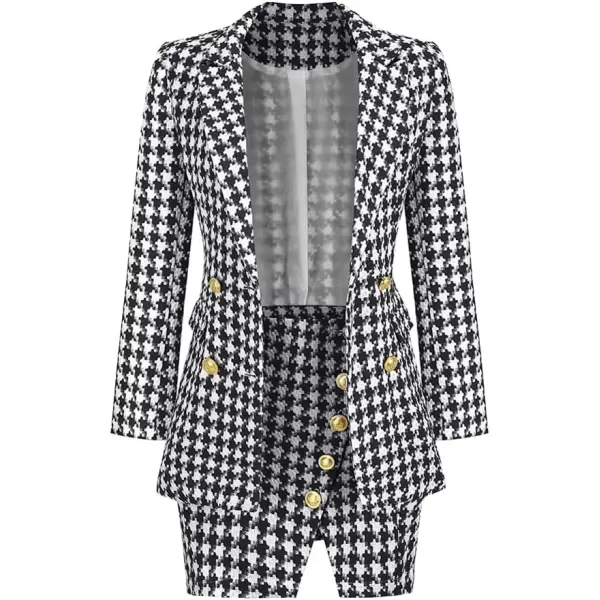 imagechouyatou Womens Business 2 Piece Outfits Houndstooth Tweed Blazer Jacket and Mini Skirt SetBlack
