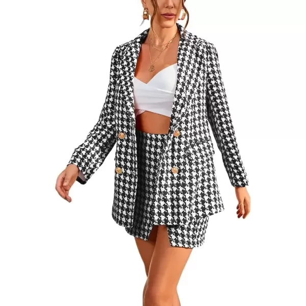 imagechouyatou Womens Business 2 Piece Outfits Houndstooth Tweed Blazer Jacket and Mini Skirt SetBlack