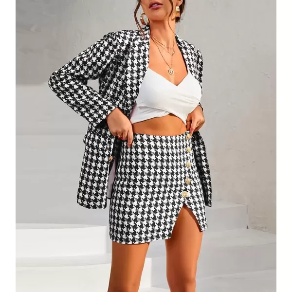 imagechouyatou Womens Business 2 Piece Outfits Houndstooth Tweed Blazer Jacket and Mini Skirt SetBlack