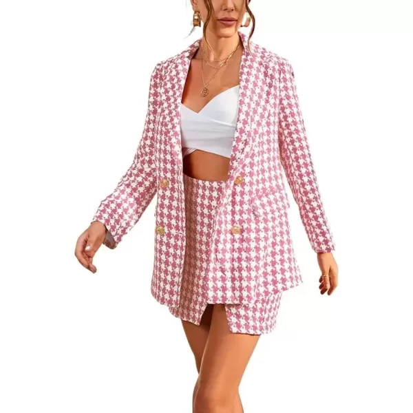 imagechouyatou Womens Business 2 Piece Outfits Houndstooth Tweed Blazer Jacket and Mini Skirt SetPink