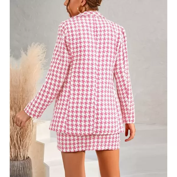imagechouyatou Womens Business 2 Piece Outfits Houndstooth Tweed Blazer Jacket and Mini Skirt SetPink