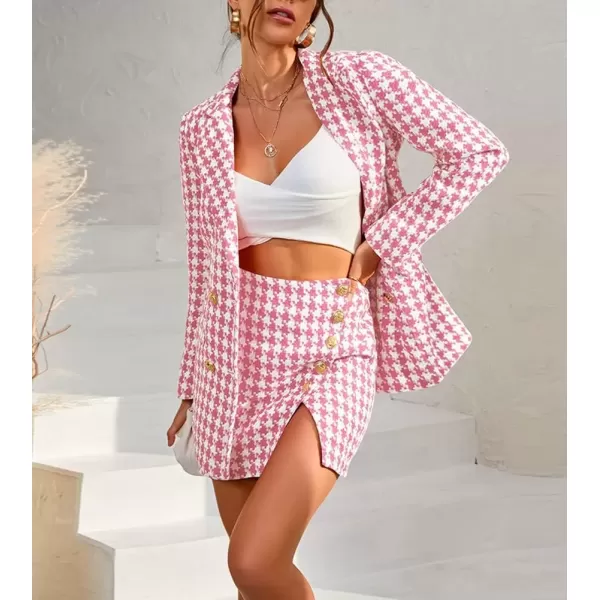 imagechouyatou Womens Business 2 Piece Outfits Houndstooth Tweed Blazer Jacket and Mini Skirt SetPink