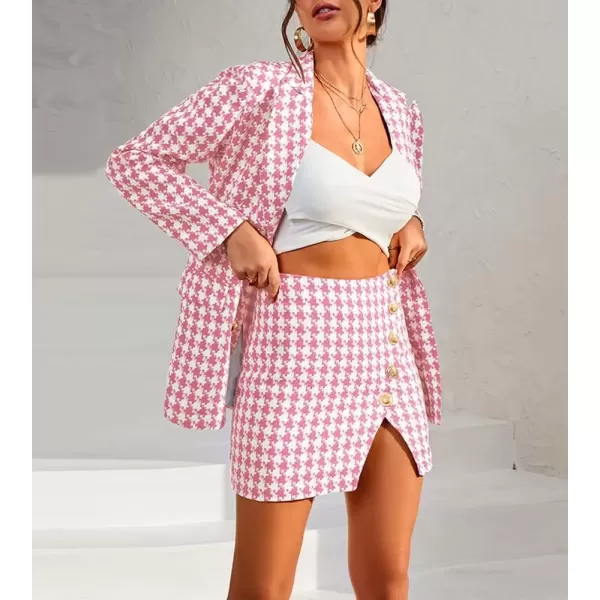 imagechouyatou Womens Business 2 Piece Outfits Houndstooth Tweed Blazer Jacket and Mini Skirt SetPink