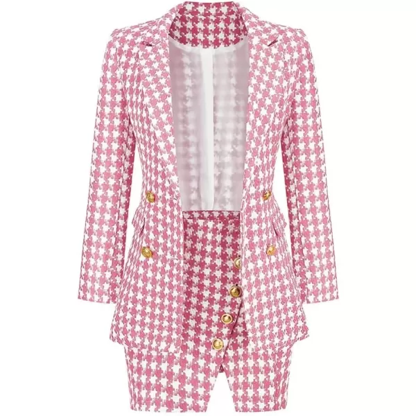 imagechouyatou Womens Business 2 Piece Outfits Houndstooth Tweed Blazer Jacket and Mini Skirt SetPink