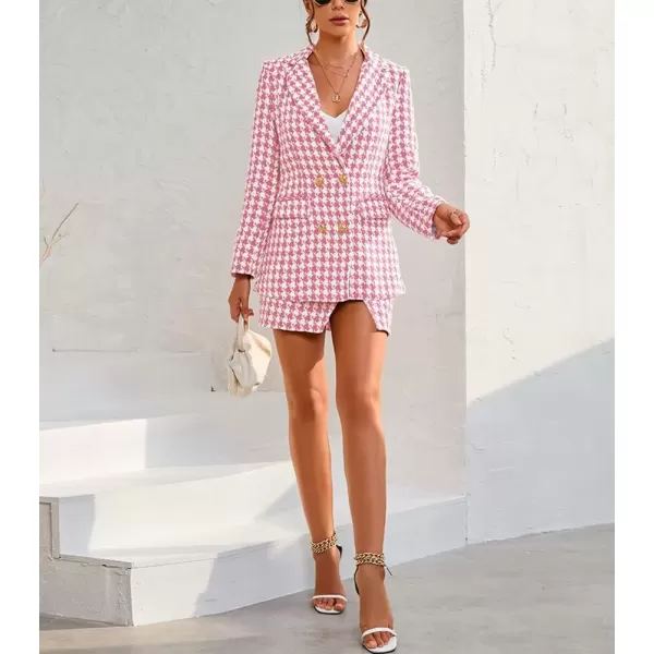 imagechouyatou Womens Business 2 Piece Outfits Houndstooth Tweed Blazer Jacket and Mini Skirt SetPink
