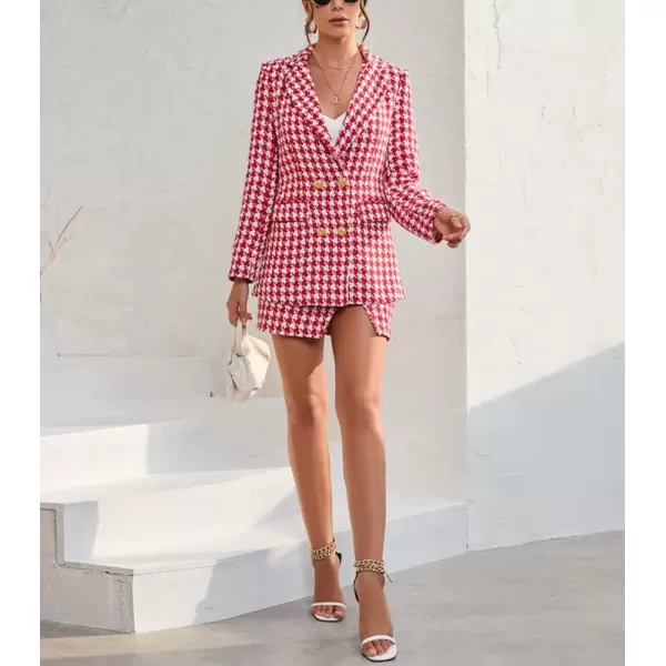 imagechouyatou Womens Business 2 Piece Outfits Houndstooth Tweed Blazer Jacket and Mini Skirt SetRed