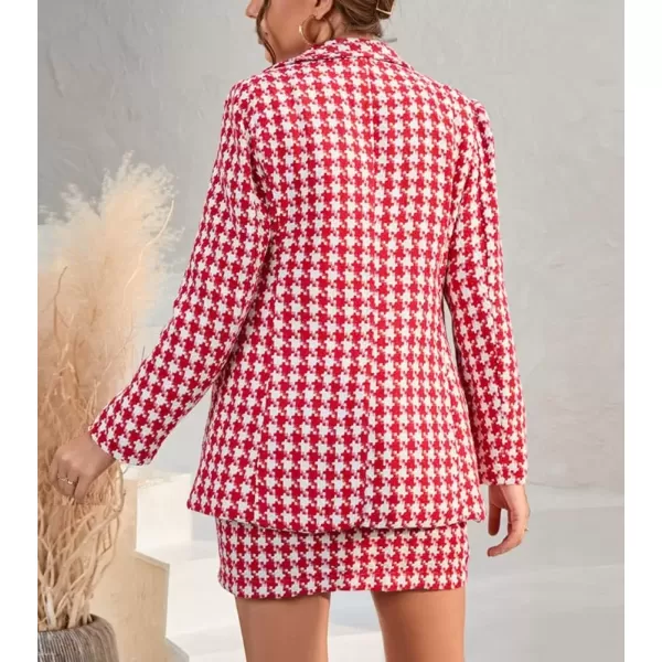 imagechouyatou Womens Business 2 Piece Outfits Houndstooth Tweed Blazer Jacket and Mini Skirt SetRed