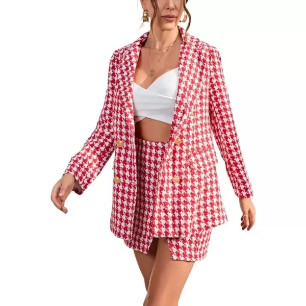 imagechouyatou Womens Business 2 Piece Outfits Houndstooth Tweed Blazer Jacket and Mini Skirt SetRed