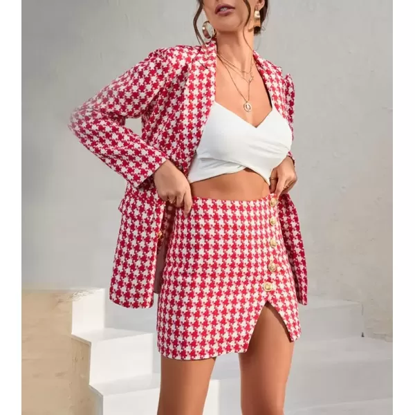 imagechouyatou Womens Business 2 Piece Outfits Houndstooth Tweed Blazer Jacket and Mini Skirt SetRed