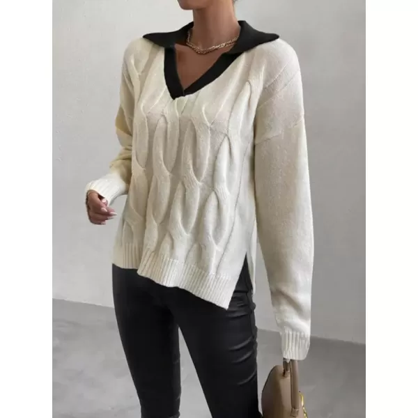 imagechouyatou Womens Cable Knit Side Slit Pullover Sweater Contrast Polo V Neck Collared Long Sleeve Jumper TopsBeige Blackcollar
