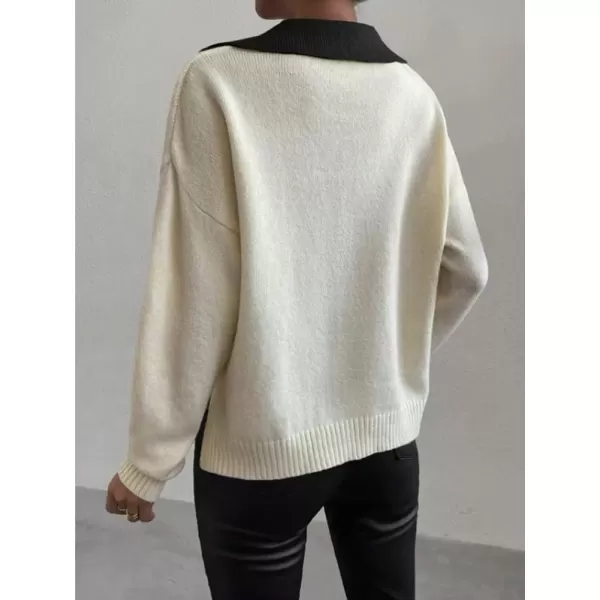 imagechouyatou Womens Cable Knit Side Slit Pullover Sweater Contrast Polo V Neck Collared Long Sleeve Jumper TopsBeige Blackcollar