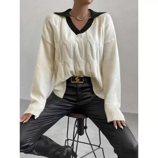 imagechouyatou Womens Cable Knit Side Slit Pullover Sweater Contrast Polo V Neck Collared Long Sleeve Jumper TopsBeige Blackcollar