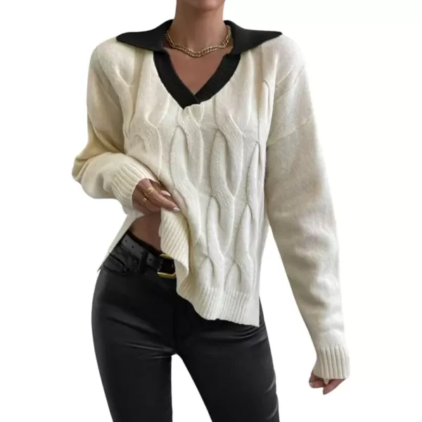 imagechouyatou Womens Cable Knit Side Slit Pullover Sweater Contrast Polo V Neck Collared Long Sleeve Jumper TopsBeige Blackcollar