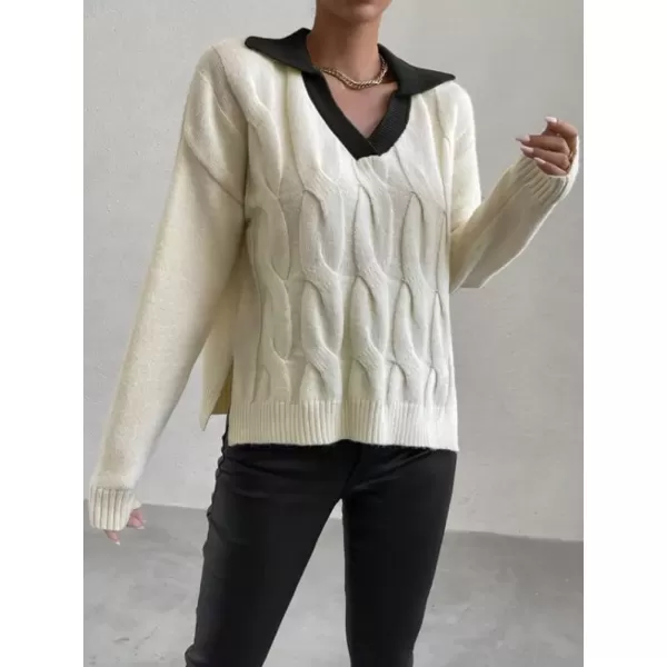 imagechouyatou Womens Cable Knit Side Slit Pullover Sweater Contrast Polo V Neck Collared Long Sleeve Jumper TopsBeige Blackcollar
