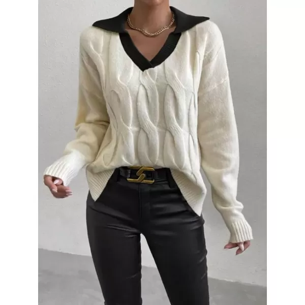 imagechouyatou Womens Cable Knit Side Slit Pullover Sweater Contrast Polo V Neck Collared Long Sleeve Jumper TopsBeige Blackcollar