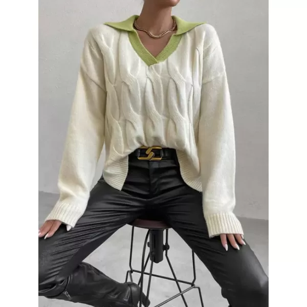 imagechouyatou Womens Cable Knit Side Slit Pullover Sweater Contrast Polo V Neck Collared Long Sleeve Jumper TopsBeige Greencollar