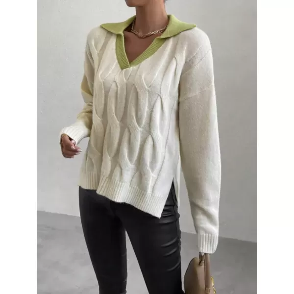 imagechouyatou Womens Cable Knit Side Slit Pullover Sweater Contrast Polo V Neck Collared Long Sleeve Jumper TopsBeige Greencollar