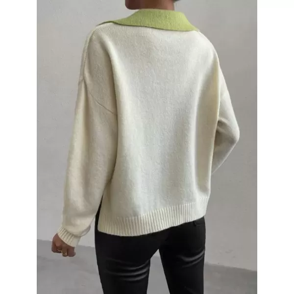 imagechouyatou Womens Cable Knit Side Slit Pullover Sweater Contrast Polo V Neck Collared Long Sleeve Jumper TopsBeige Greencollar